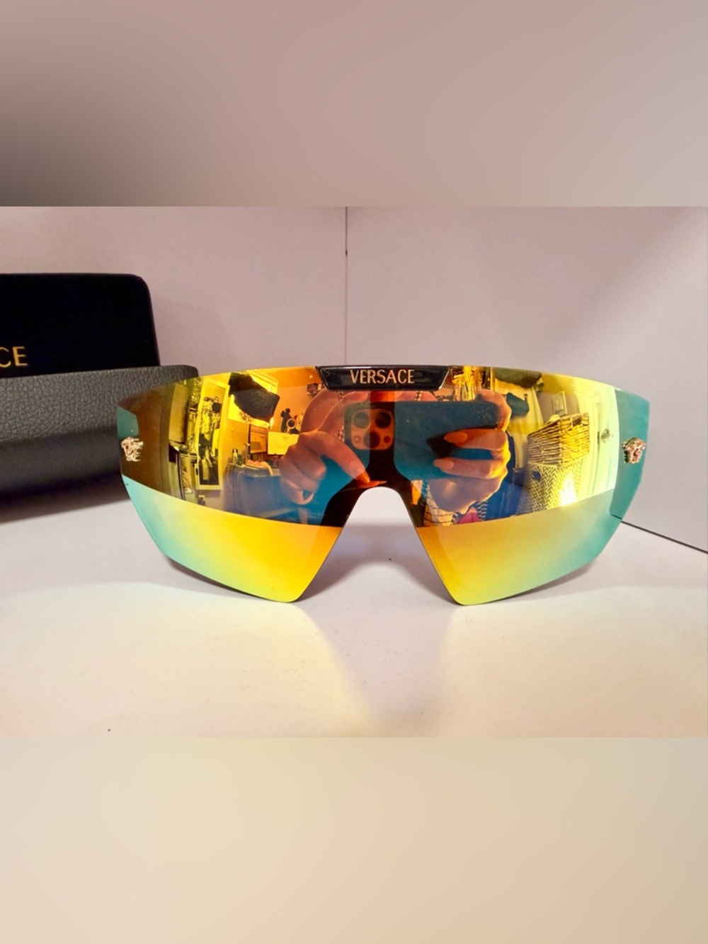 Versace Gold Mirrored Shield Sunglasses with Gradient Yellow-Orange Lens